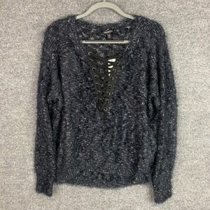 New EXPRESS Black Fuzzy Knit Lace Up V‎ Neck Long Sleeve Sweater Women L